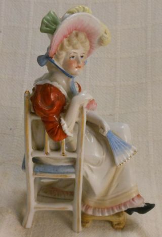 Fine Antique Victorian Porcelain Figure Of Seated Lady With Hat & Fan