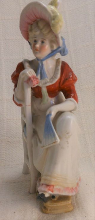 Fine Antique Victorian Porcelain Figure Of Seated Lady With Hat & Fan 3