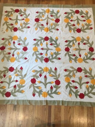 Antique Incredible Appliqué Quilt Top Very Old Red,  Yellow And Olive Greens