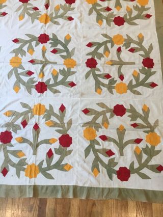 antique incredible appliqué quilt top very old red,  yellow and olive greens 2