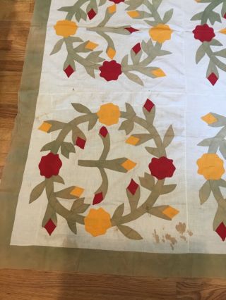 antique incredible appliqué quilt top very old red,  yellow and olive greens 5