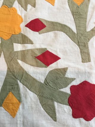 antique incredible appliqué quilt top very old red,  yellow and olive greens 7