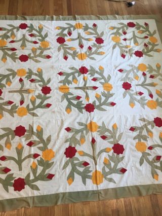 antique incredible appliqué quilt top very old red,  yellow and olive greens 9