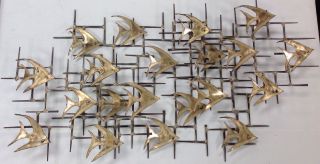 Mid Century Modern 3 - D Nail Art Sculpture With 20 Brass Fish,  Curtis Jere Style