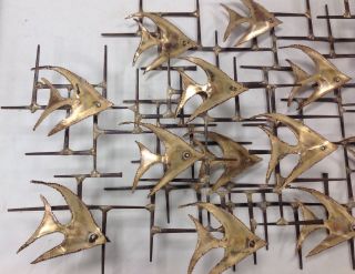 Mid Century Modern 3 - D Nail Art Sculpture With 20 Brass Fish,  Curtis Jere Style 2