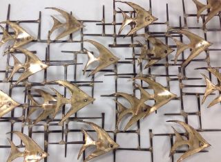 Mid Century Modern 3 - D Nail Art Sculpture With 20 Brass Fish,  Curtis Jere Style 3