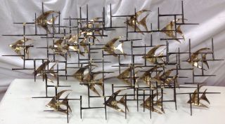 Mid Century Modern 3 - D Nail Art Sculpture With 20 Brass Fish,  Curtis Jere Style 7