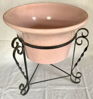 Huge Bauer Speckled Pink Pot With Metal Stand Mid Century 16.  25” Mcm Planter
