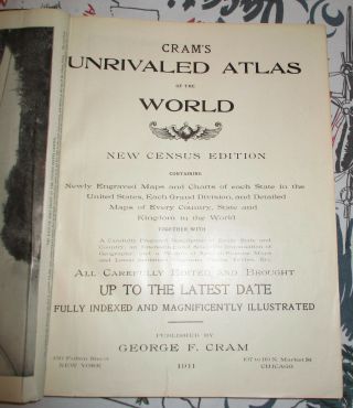 CRAM ' S UNRIVALED ATLAS OF THE WORLD 1911 Census Edition,  historical gazetteer 7