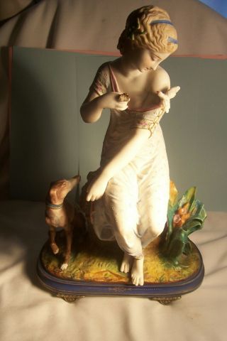 Up This Antique Chantilly Porcelain Lady With Dog And A Bird L - D138