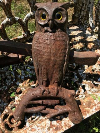 Vintage Antique Cast Iron Owl Fireplace Andirons - Yellow Glass Eyes 11