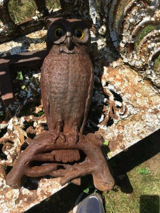 Vintage Antique Cast Iron Owl Fireplace Andirons - Yellow Glass Eyes 12
