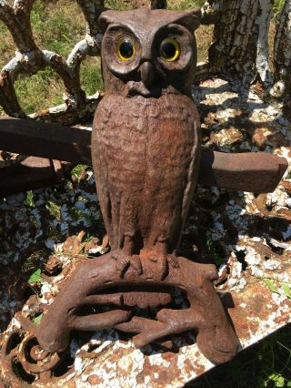 Vintage Antique Cast Iron Owl Fireplace Andirons - Yellow Glass Eyes