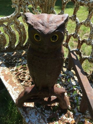 Vintage Antique Cast Iron Owl Fireplace Andirons - Yellow Glass Eyes 2