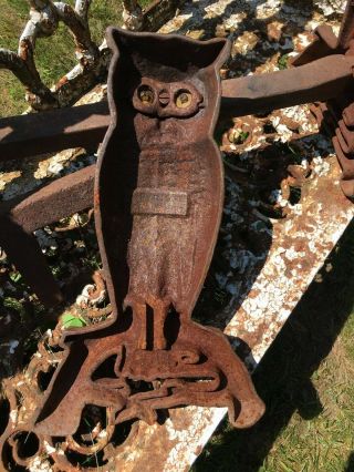 Vintage Antique Cast Iron Owl Fireplace Andirons - Yellow Glass Eyes 7