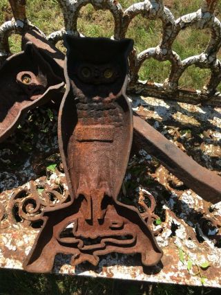 Vintage Antique Cast Iron Owl Fireplace Andirons - Yellow Glass Eyes 9