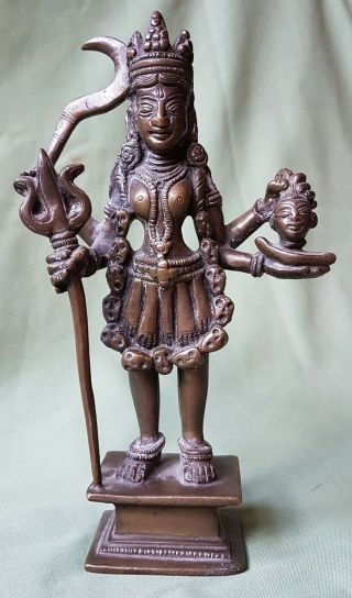 Antique Indian Brass Statue Figure,  Holding A Severed Head And Trident