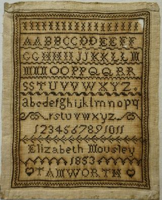 Mid 19th Century Black Stitch Work Alphabet Sampler By Elizabeth Mousley - 1853