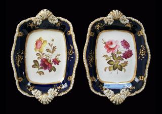 Victorian Hand Painted Porcelain Platters - Cobalt Rims - U K - Circa 1850 