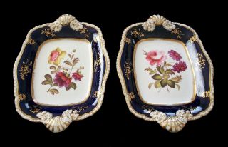 Victorian Hand Painted Porcelain Platters - Cobalt Rims - U K - Circa 1850 ' s 2