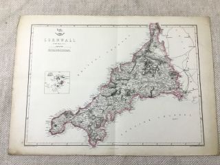 1857 Antique Map Cornwall Cornish England 19th Century Old Hand Coloured
