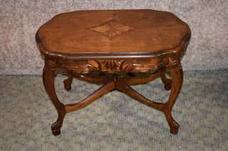 Vintage Tudor Style Carved & Inlaid Accent Table