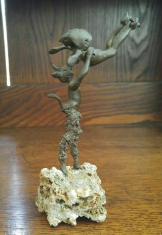 Mid Century Brutalist Bronze Sculpture Pan Faun Satyr W/ Nymph Signed Mc 5 1/4 "