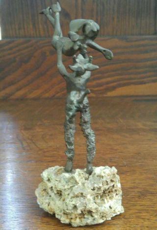 Mid Century Brutalist Bronze Sculpture Pan Faun Satyr W/ Nymph Signed MC 5 1/4 