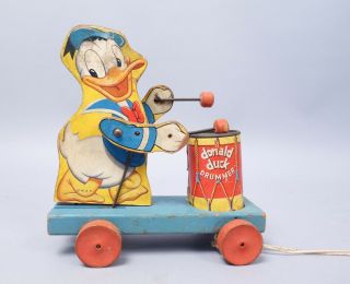Vintage Fisher Price Wooden Walt Disney Donald Duck Drummer 454 Pull Toy 2