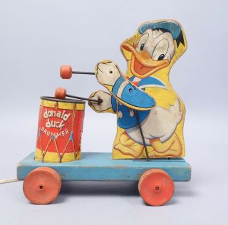Vintage Fisher Price Wooden Walt Disney Donald Duck Drummer 454 Pull Toy 3