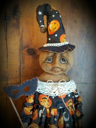 ☆Primitive OOAK Folk Art Halloween Fall Witch Pumpkin Art Doll w/ Mask Basket☆ 10