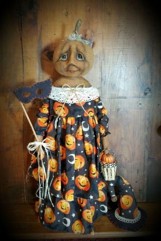☆Primitive OOAK Folk Art Halloween Fall Witch Pumpkin Art Doll w/ Mask Basket☆ 11