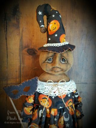 ☆Primitive OOAK Folk Art Halloween Fall Witch Pumpkin Art Doll w/ Mask Basket☆ 12