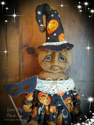 ☆primitive Ooak Folk Art Halloween Fall Witch Pumpkin Art Doll W/ Mask Basket☆