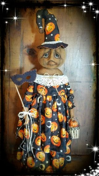 ☆Primitive OOAK Folk Art Halloween Fall Witch Pumpkin Art Doll w/ Mask Basket☆ 2