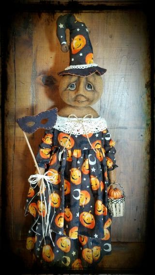 ☆Primitive OOAK Folk Art Halloween Fall Witch Pumpkin Art Doll w/ Mask Basket☆ 4