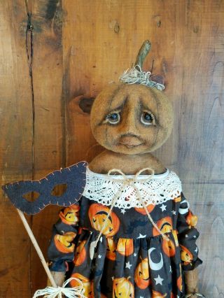 ☆Primitive OOAK Folk Art Halloween Fall Witch Pumpkin Art Doll w/ Mask Basket☆ 6