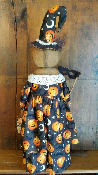 ☆Primitive OOAK Folk Art Halloween Fall Witch Pumpkin Art Doll w/ Mask Basket☆ 7