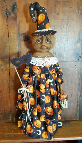 ☆Primitive OOAK Folk Art Halloween Fall Witch Pumpkin Art Doll w/ Mask Basket☆ 9