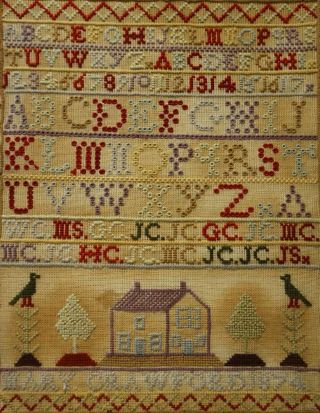 MID/LATE 19TH CENTURY HOUSE & ALPHABET SAMPLER BY MARY CRAWFORD - 1874 11