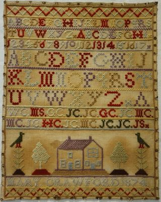 Mid/late 19th Century House & Alphabet Sampler By Mary Crawford - 1874