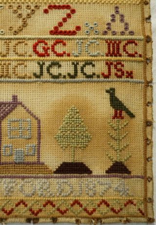 MID/LATE 19TH CENTURY HOUSE & ALPHABET SAMPLER BY MARY CRAWFORD - 1874 7