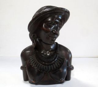 Beautifully Luzon Igorot Wood Carved Bust Sculpture Philippines w/Tribal Jewelry 2