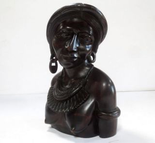 Beautifully Luzon Igorot Wood Carved Bust Sculpture Philippines w/Tribal Jewelry 3