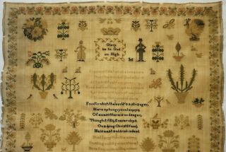 MID 19TH CENTURY FIGURES,  MOTIF & VERSE SCHOOL SAMPLER BY ELLEN RUSHTON - 1849 2