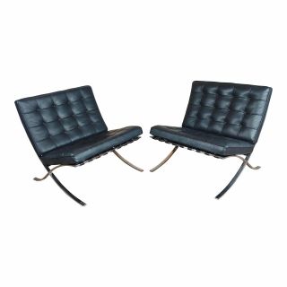 Knoll Studio Barcelona Chairs - Black Leather & Chrome Finish - A Pair