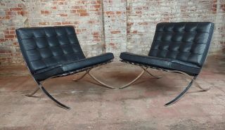 Knoll Studio Barcelona Chairs - Black leather & chrome finish - a Pair 3