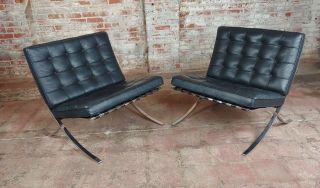 Knoll Studio Barcelona Chairs - Black leather & chrome finish - a Pair 8