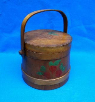 Vintage Antique Primitive Wooden Firkin Sugar Bucket W/lid & Bentwood Handle