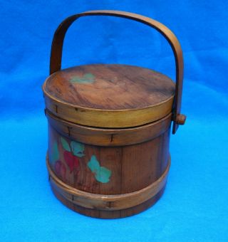 Vintage Antique Primitive Wooden Firkin Sugar Bucket w/Lid & Bentwood Handle 3